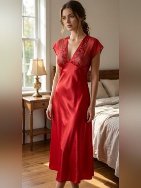 Vintage Delicates Red Satin & Sheer Embroidered Rose Peignoir Nightgown Coquette